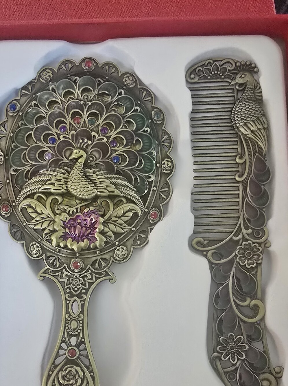 Vintage-Style Peacock Hand Mirror & Comb Set - Antique Gold